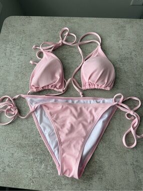 Pink Ribbed String Bikini Two-Piece